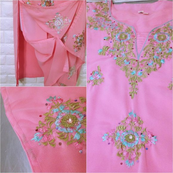 Vintage Kurta Sari Tunic Top sz-42 (M/L) Sheer Embellished Bling Glam Slits Pink - Picture 8 of 10